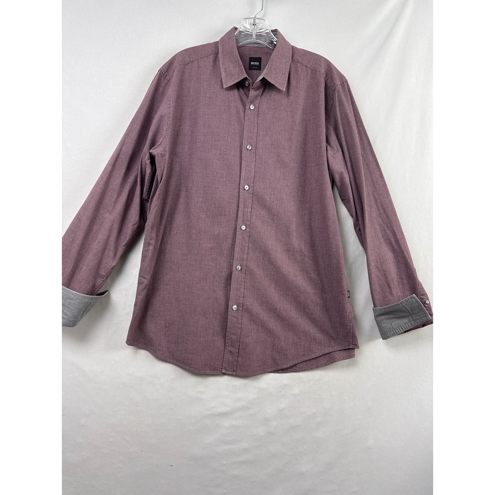 Hugo Boss Button Down Shirt Men Large Burgundy Slim Fit Micro Houndstooth Cotton